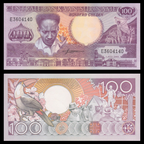 Suriname, p-133a1, 100 gulden, 1986