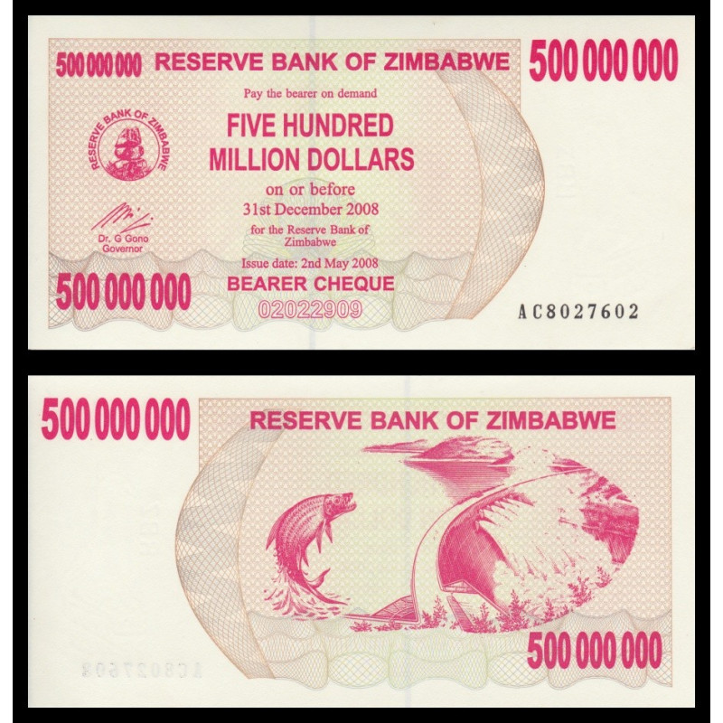 Zimbabwe, P-060, 500.000.000 dollars, 2008 - Billet de banque en vente sur Monnaies du Monde SHOP