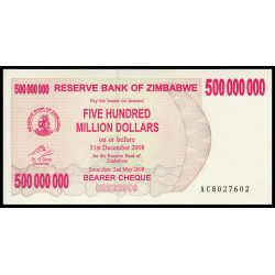 Zimbabwe, P-060, 500.000.000 dollars, 2008 - Billet de banque en vente sur Monnaies du Monde SHOP