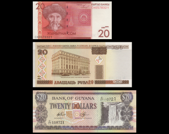 Lot 3 banknotes of 20 : Belarus, Guyana & Kirghizistan