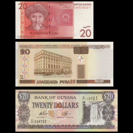 Lot 3 banknotes of 20 : Belarus, Guyana & Kirghizistan
