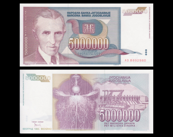 Yugoslavia, P-121, 5000000 dinara, 1993
