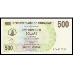 Zimbabwe, P-043, 500 dollars, 2006 - Billet de banque en vente sur Monnaies du Monde SHOP