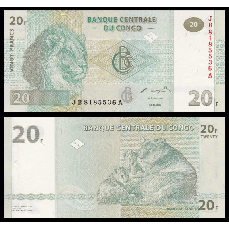 Congo, P-094A, 20 francs, 2003 - Billet de banque en vente sur Monnaies du Monde SHOP