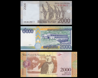 Lot 3 banknotes of 2000 : Indonesia Laos Venezuela