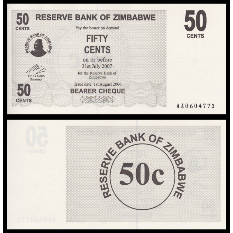 Zimbabwe, P-036, 50 cents, 2006 - Billet de banque en vente sur Monnaies du Monde SHOP