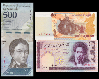 Lot 3 banknotes : riel-rial-bolivare