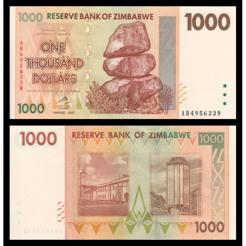 Zimbabwe, P-071, 1000 dollars, 2007, Presque Neuf / A-UNC - Billet de banque en vente sur Monnaies du Monde SHOP