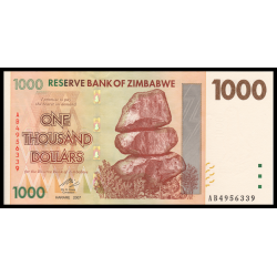 Zimbabwe, P-071, 1000 dollars, 2007, Presque Neuf / A-UNC - Billet de banque en vente sur Monnaies du Monde SHOP