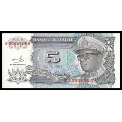 Zaire, P-48, 5 nouveaux makuta, 1993 - Billet de banque en vente sur Monnaies du Monde SHOP