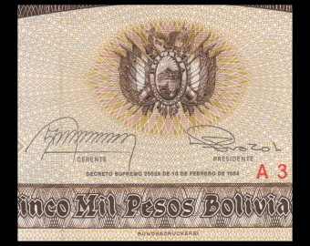 Bolivia, P-168a1, 1000 pesos bolivianos, D1984