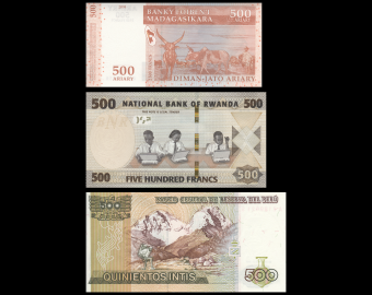 Lot 3 banknotes of 500 : Madagascar-Rwanda-Peru