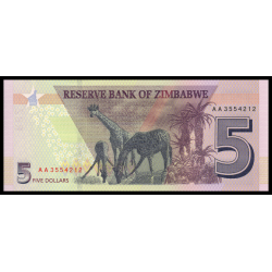 Zimbabwe, P-102, 5 dollars, 2019, hybride - Billet de banque en vente sur Monnaies du Monde SHOP