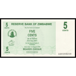 Zimbabwe, P-034, 5 cents, 2006 - Billet de banque en vente sur Monnaies du Monde SHOP