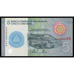 Nicaragua, P-219, 5 cordobas, polymère, 2019 (2020) - Billet de banque en vente sur Monnaies du Monde SHOP