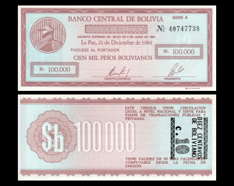 Bolivie, P-197, 100 000 / 10c bolivianos, D. 05.06.1984