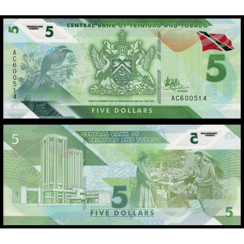 Trinidad & Tobago, P-61, 5 dollars, polymère, 2020 - Billet de banque en vente sur Monnaies du Monde SHOP