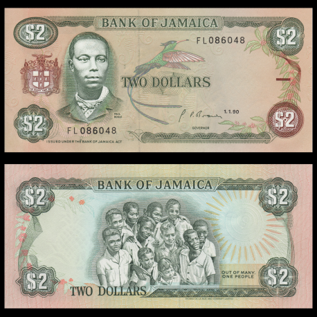 Jamaïque, P-69f, 2 dollars, 1990
