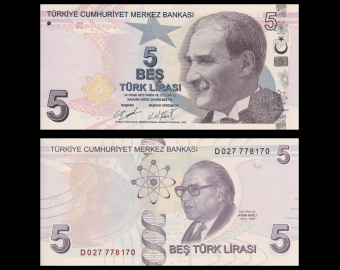 Turkey, P-222d, 5 lira, 2009