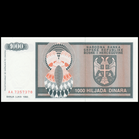 Banknote from Bosnia and Herzegovina, P-137, 1000 dinara, 1992