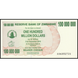 Zimbabwe, P-058, 100.000.000 dollars, 2008 - Billet de banque en vente sur Monnaies du Monde SHOP