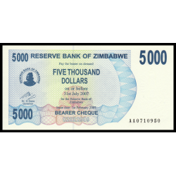 Zimbabwe, P-045, 5 000 dollars, 2007 - Billet de banque en vente sur Monnaies du Monde SHOP