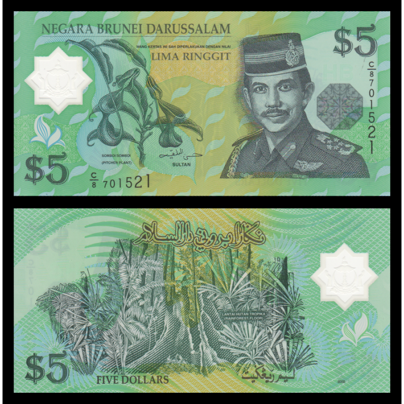 Brunei Darussalam, P-23b, 5 ringgit, polymère, 2002 - Billet de banque en vente sur Monnaies du Monde SHOP