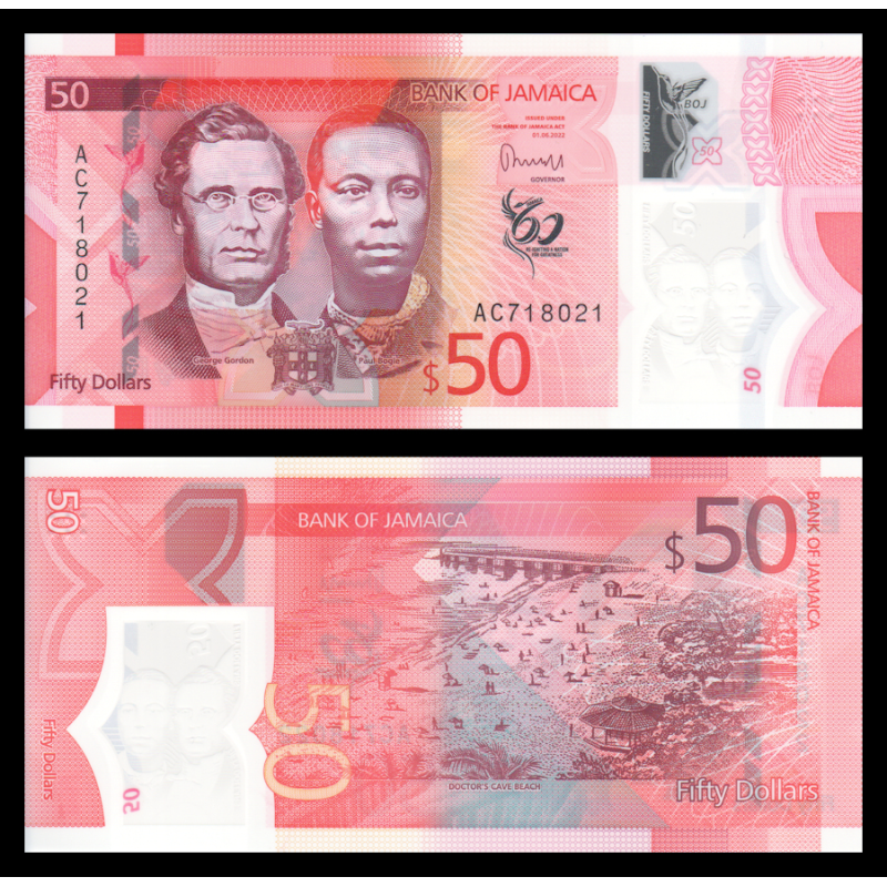 Jamaïque, P-96, 50 dollars, 2022, polymère - Billet de banque en vente sur Monnaies du Monde SHOP
