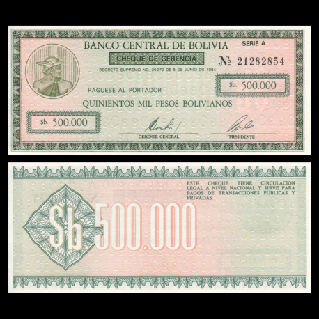 Bolivie, P-189, 500 000 bolivianos, D. 05.06.1984