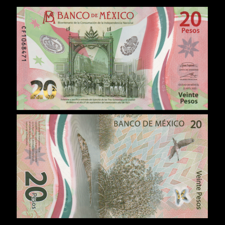 Mexique, P-132-8-1, 20 pesos, 2022, polymère