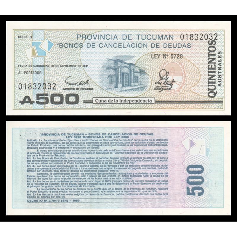 Argentine, Tucuman, P-S2716, 500 australes, 1991 - Billet de banque en vente sur Monnaies du Monde SHOP