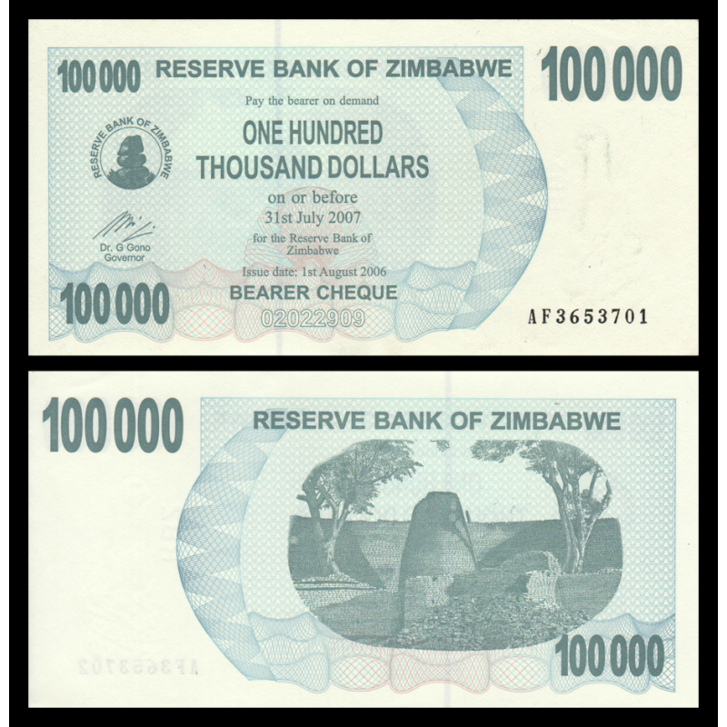 Zimbabwe, P-048b, 100 000 dollars, 2006, PresqueNeuf / a-UNC - Billet de banque en vente sur Monnaies du Monde SHOP