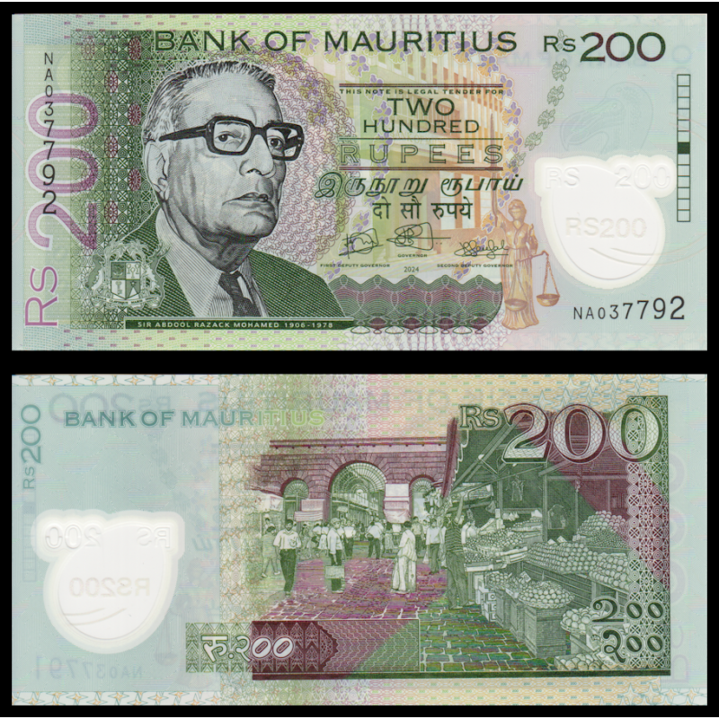 Billet de banque en vente sur Monnaies du Monde SHOP, Ile Maurice, P-w65B, 200 roupies, 2024, polymère, Neuf / UNC