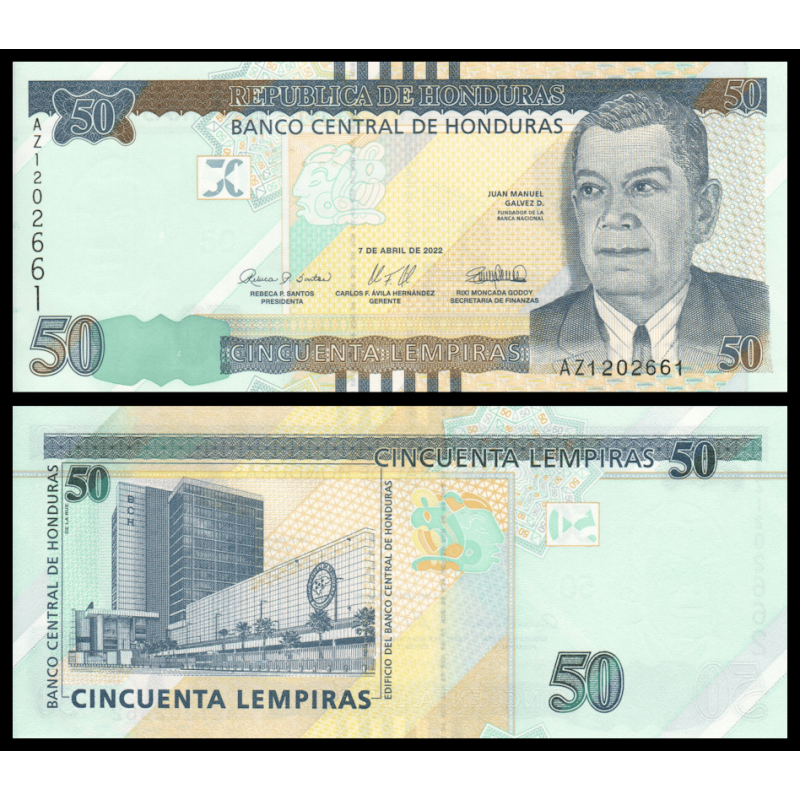 Honduras, P-104c, 50 lempiras, 2022, Neuf / UNC | Billet de banque de collection en vente sur Monnaies Du Monde-SHOP