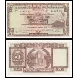 Billet de banque de collection en vente sur Monnaies Du Monde-SHOP | Hong Kong, P-181f, 5 dollars, 1975, Neuf / UNC