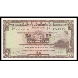 Hong Kong, P-181f, 5 dollars, 1975, Neuf / UNC | billet de banque de collection | Hong Kong | MonnaiesDuMonde-SHOP