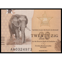 Zimbabwe, P-w116, 20 ZiG, 2026, Neuf / UNC | Billet de banque de collection en vente sur Monnaies Du Monde-SHOP
