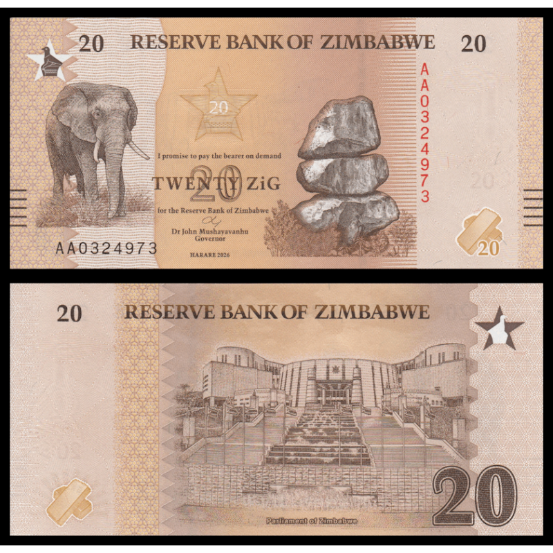 Zimbabwe, P-w116, 20 ZiG, 2026, Neuf / UNC | Billet de banque de collection en vente sur Monnaies Du Monde-SHOP