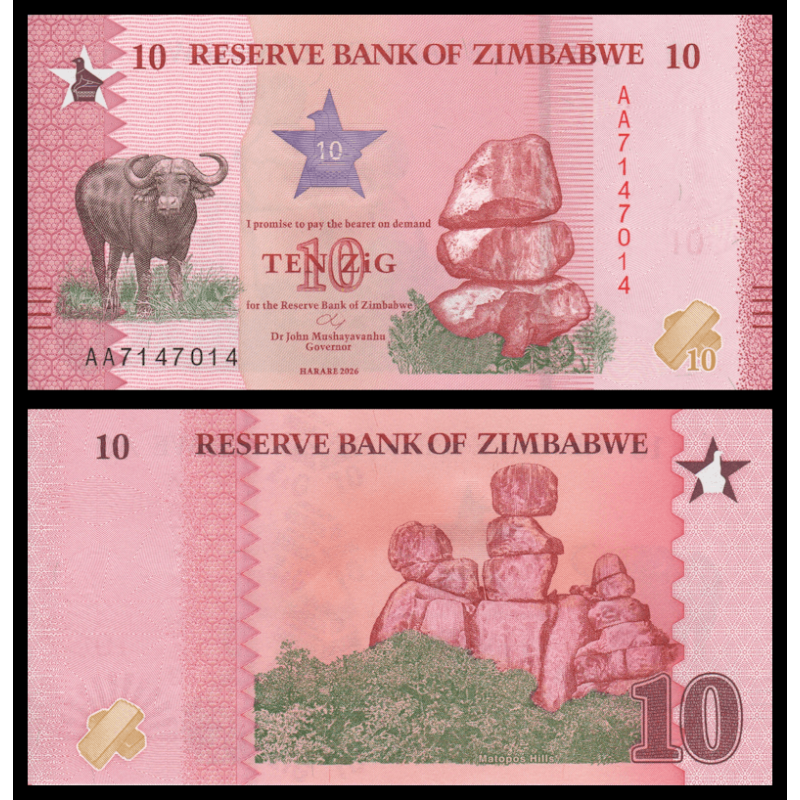 Zimbabwe, P-w115, 10 ZiG, 2026, Neuf / UNC | Billet de banque de collection en vente sur Monnaies Du Monde-SHOP