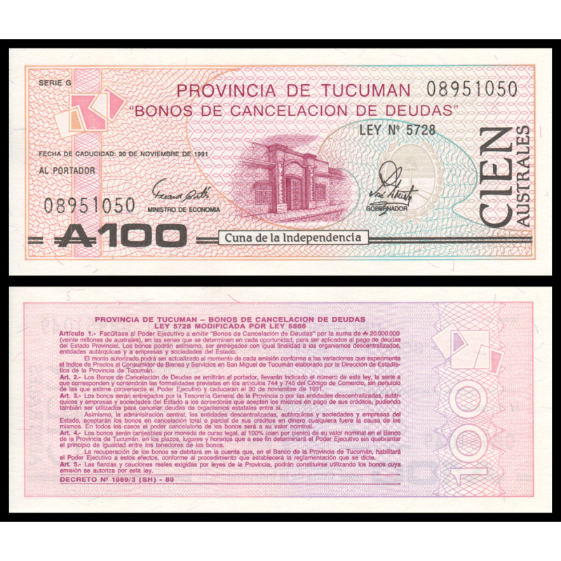 Tucuman, P-S2715, 100 australes, 1991 - Billet de banque en vente sur Monnaies du Monde SHOP