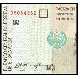 Salvador, P-147b2, 5 colones, 1998, Neuf / UNC | en vente sur Monnaies Du Monde-SHOP