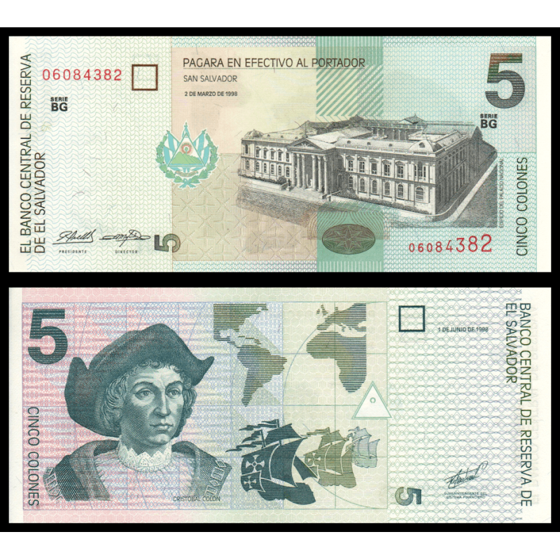 Salvador, P-147b2, 5 colones, 1998, Neuf / UNC | en vente sur Monnaies Du Monde-SHOP