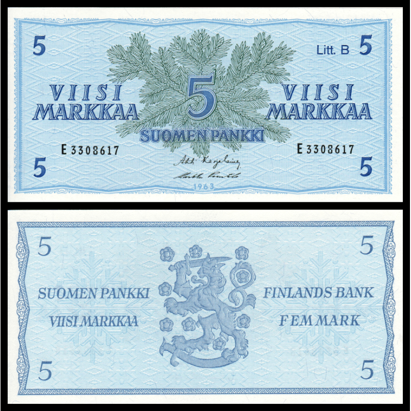 Billet de banque de collection en vente sur Monnaies Du Monde-SHOP | Finlande, P-106Aa1, 5 markkaa, 1963, Neuf / UNC