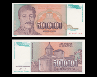 Yugoslavia, P-132, 5000000 dinara, 1993