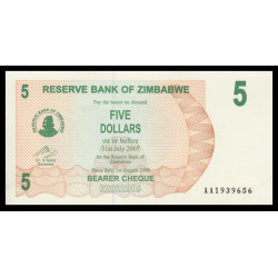 Zimbabwe, P-038, 5 dollars, 2006 - Billet de banque en vente sur Monnaies du Monde SHOP